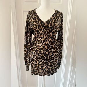 Michael Kors Leopard V-Neck Tunic Sweater M Brown Lightweight Layering Animal
